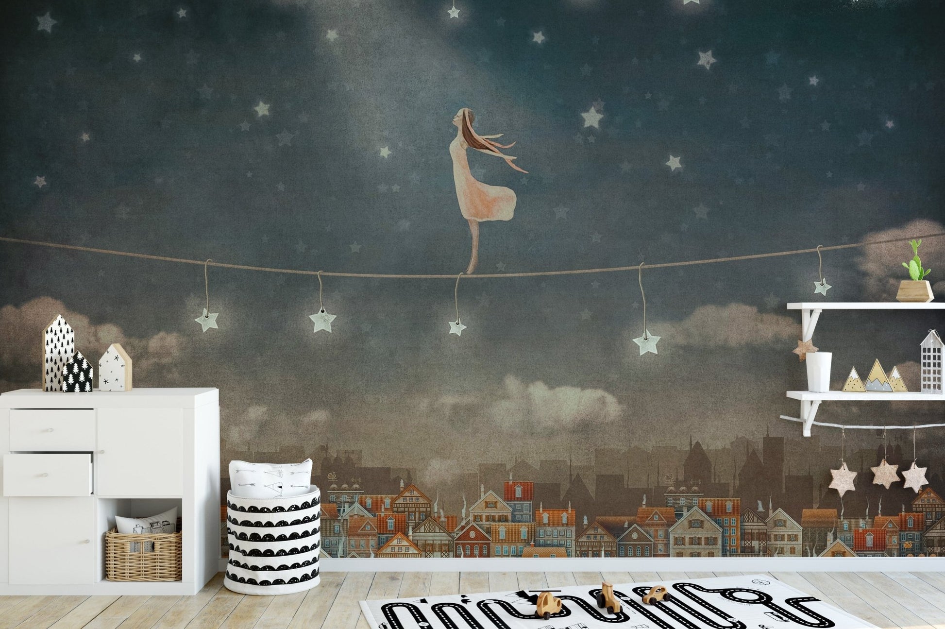 Charming wallpaper of colorful houses under a starlit sky. A809