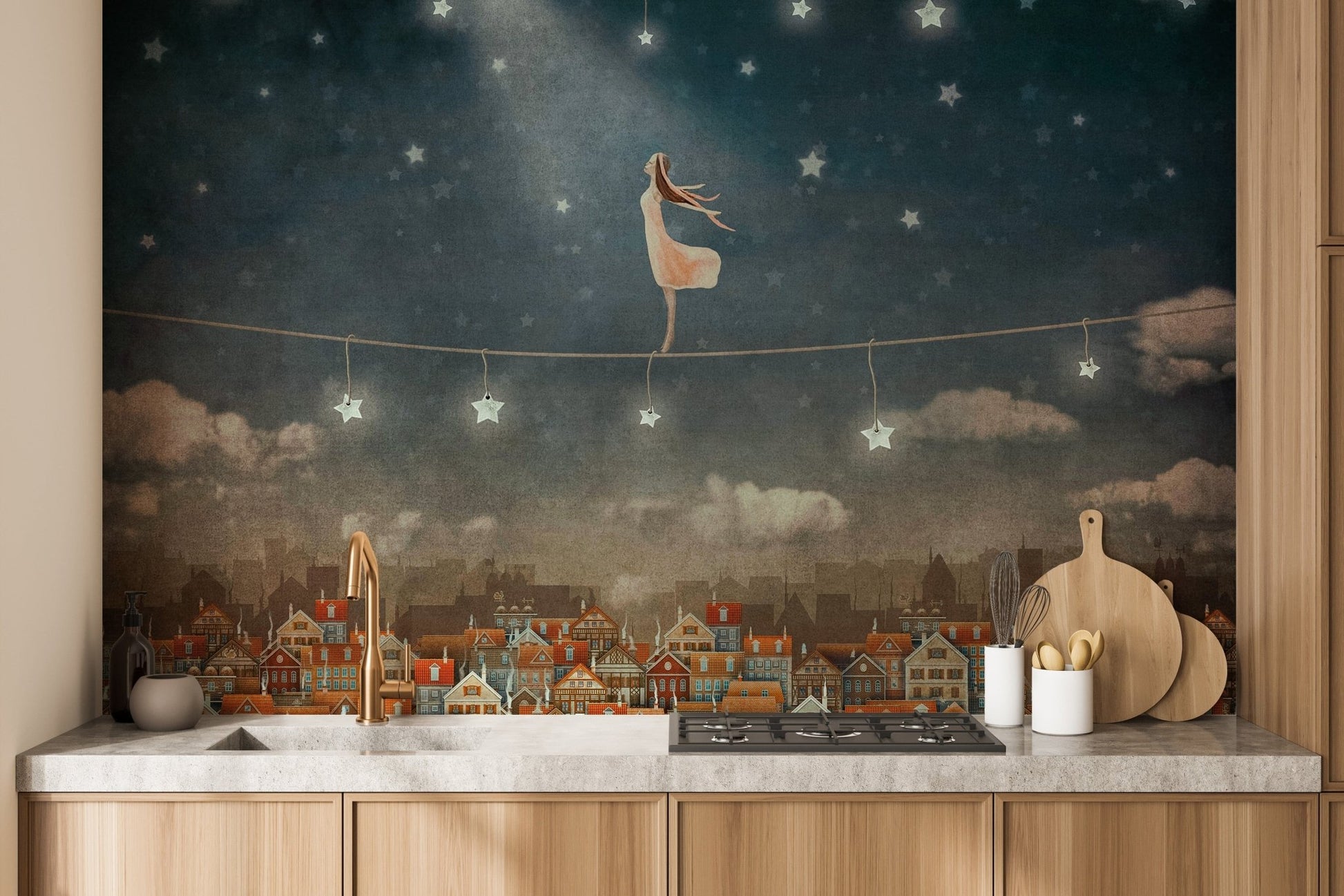 Artistic wallpaper mural with whimsical night sky and houses A809
