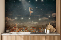 Artistic wallpaper mural with whimsical night sky and houses A809