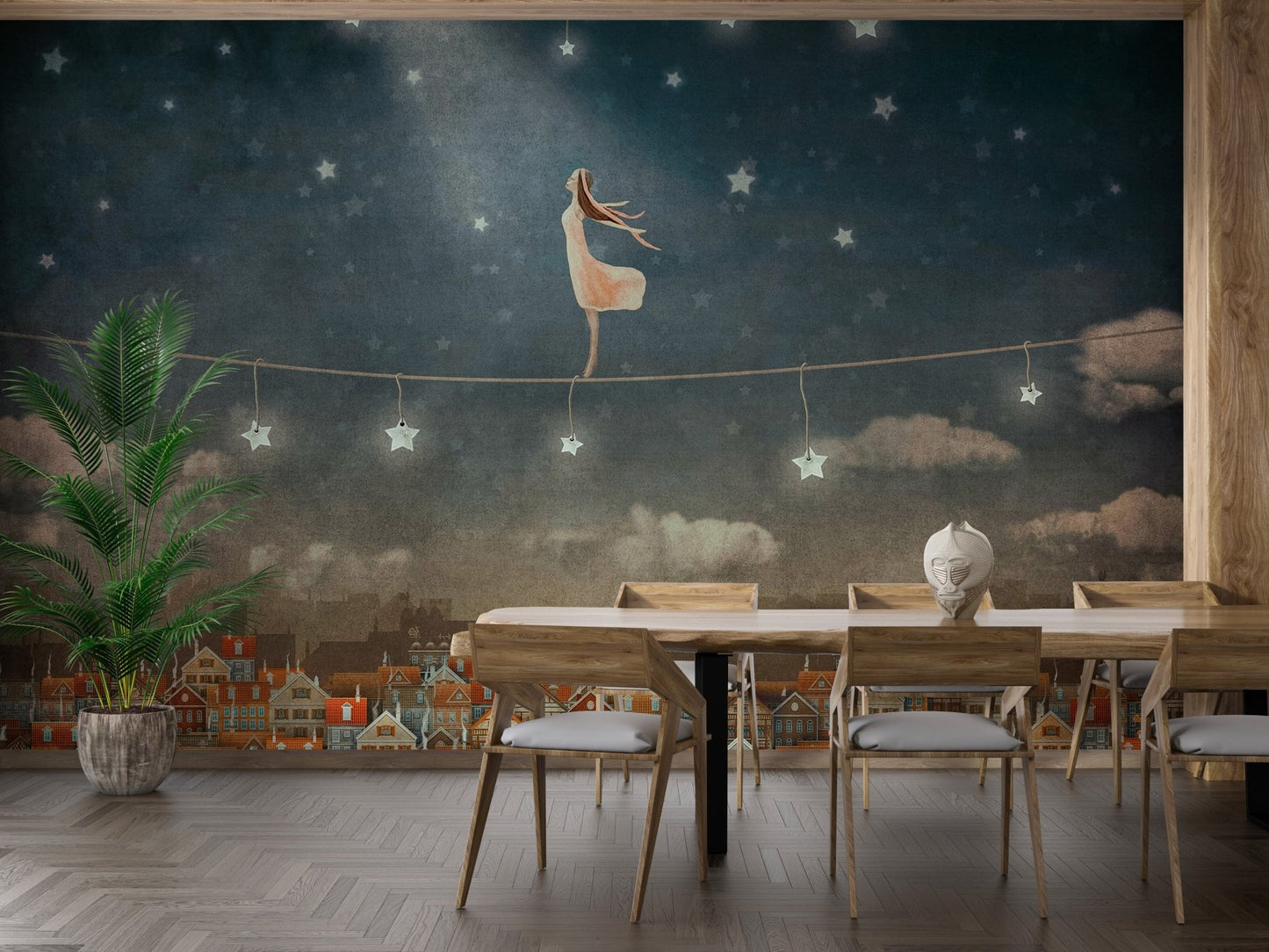 Beautiful wallpaper of cute houses illuminated by stars. A809