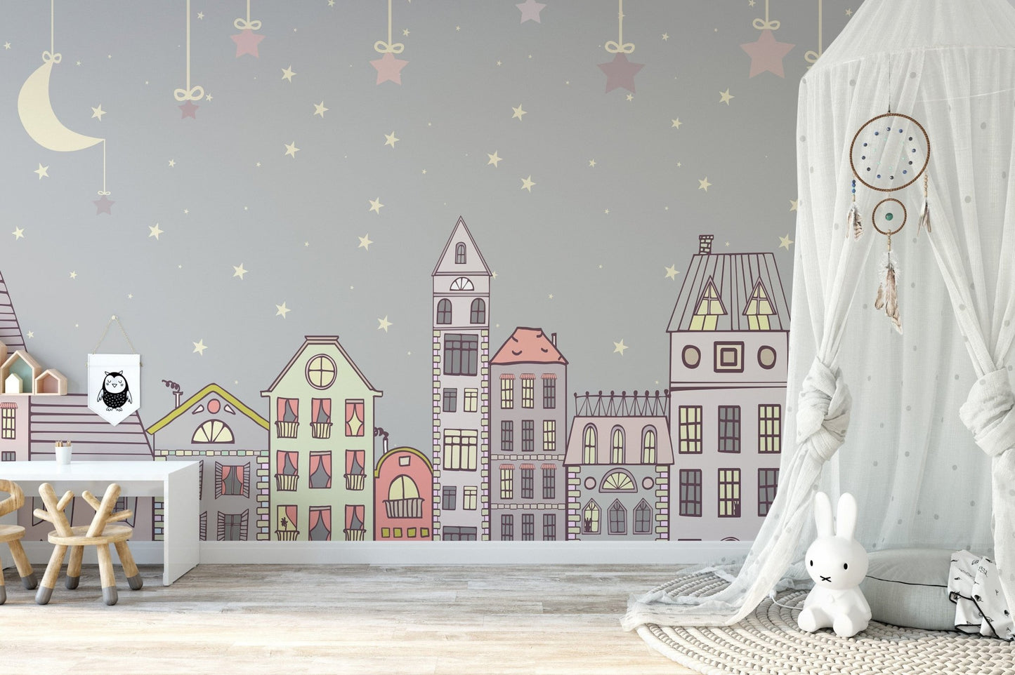 Adorable pastel house wallpaper with a dreamy night theme A792