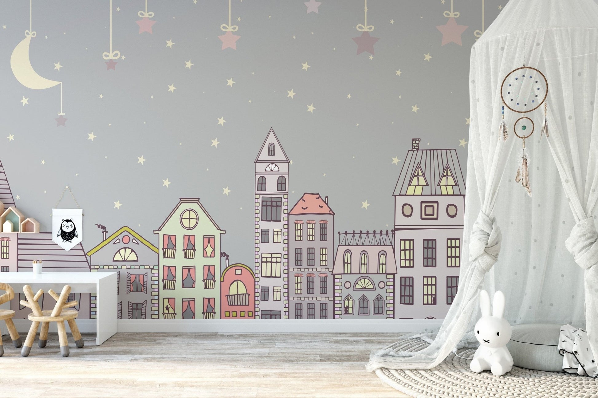 Adorable pastel house wallpaper with a dreamy night theme A792