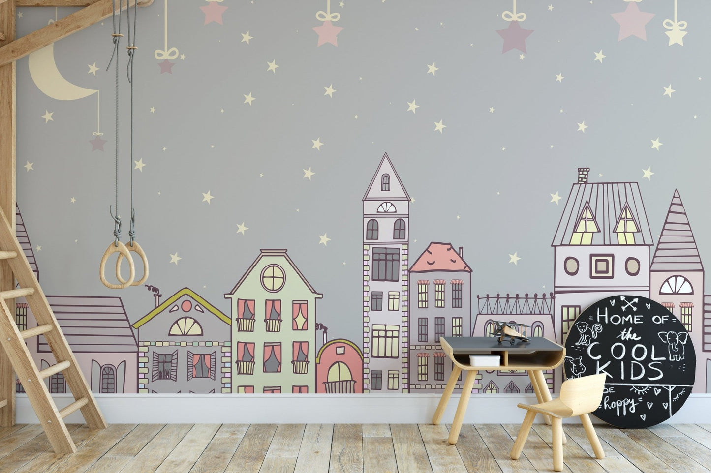 Charming cityscape wallpaper of cute houses under stars A792