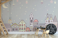 Charming cityscape wallpaper of cute houses under stars A792