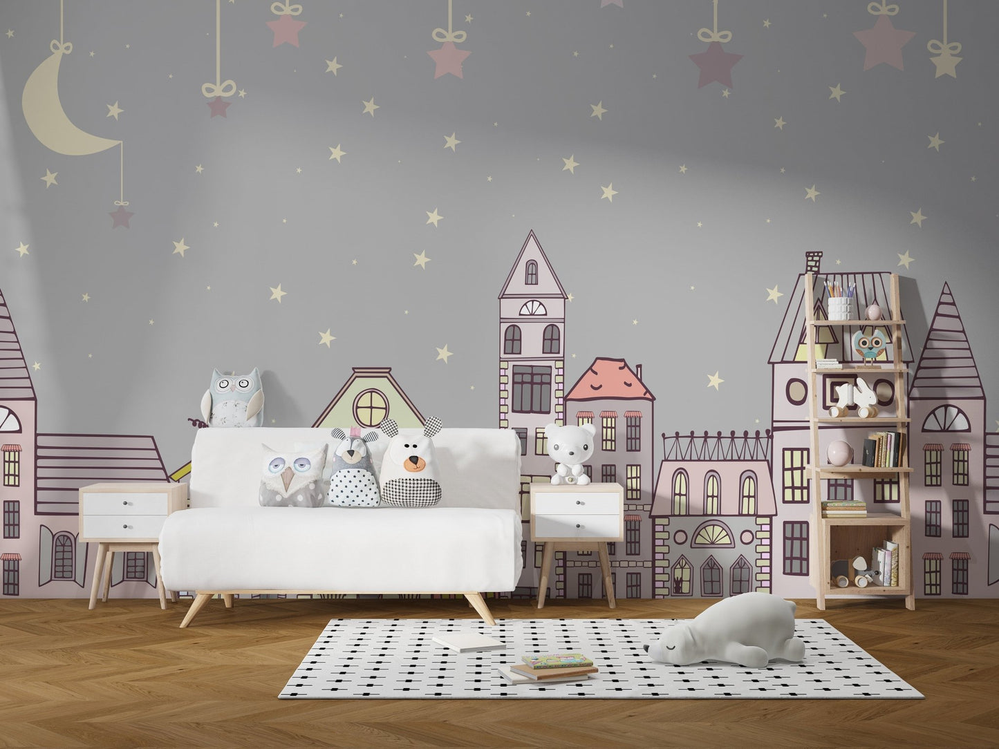 Night-themed wallpaper with pastel houses and soft stars A792