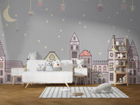 Night-themed wallpaper with pastel houses and soft stars A792