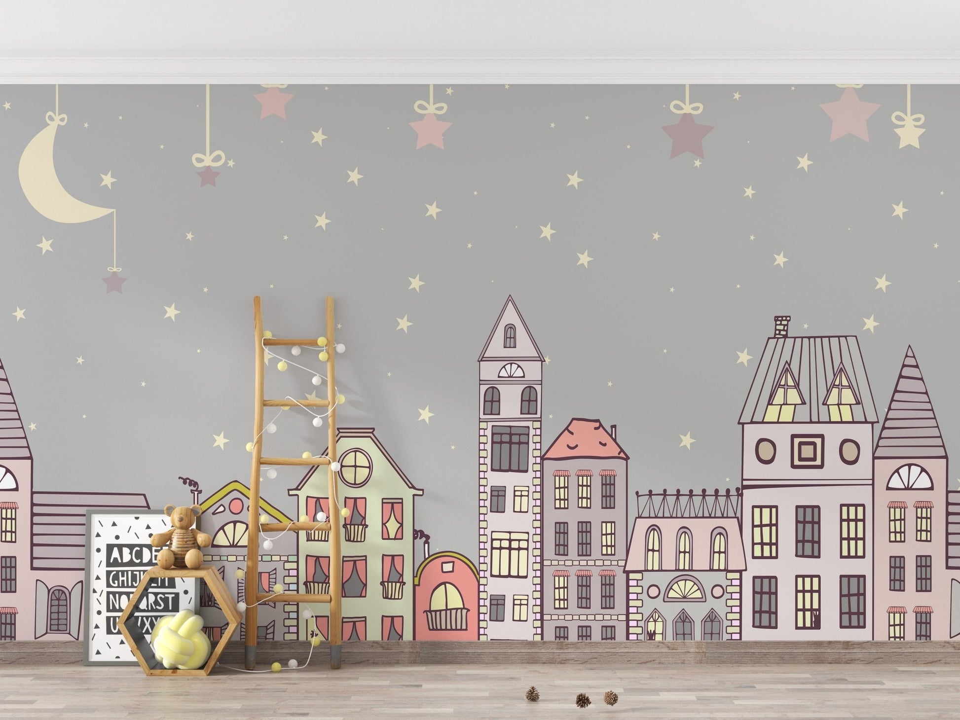 Illustrated wallpaper featuring adorable houses and stars A792