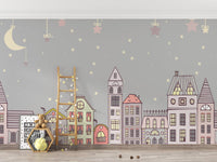 Illustrated wallpaper featuring adorable houses and stars A792