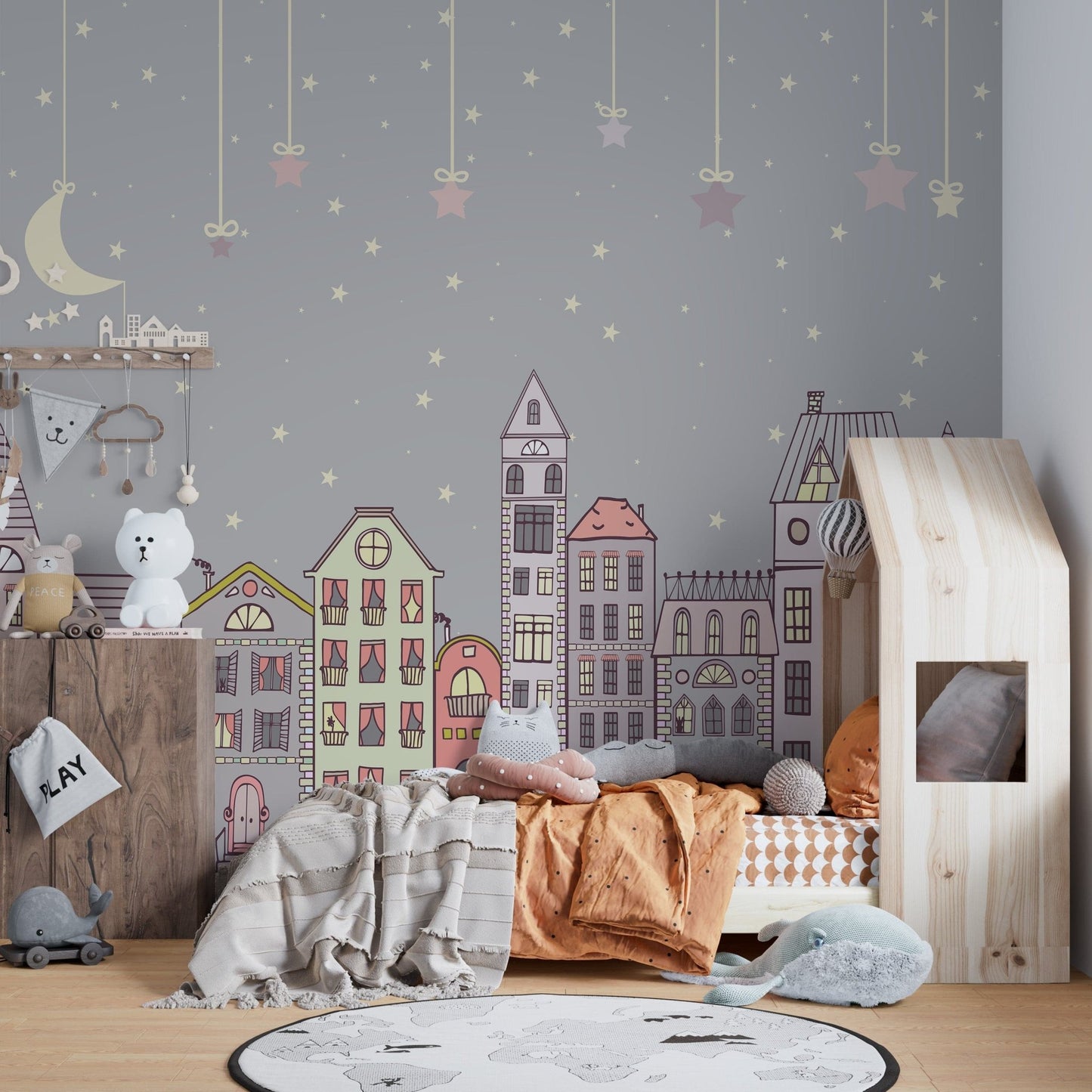 Starry night wallpaper with pastel-colored cute houses A792