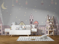 Night-themed wallpaper with pastel houses and soft stars