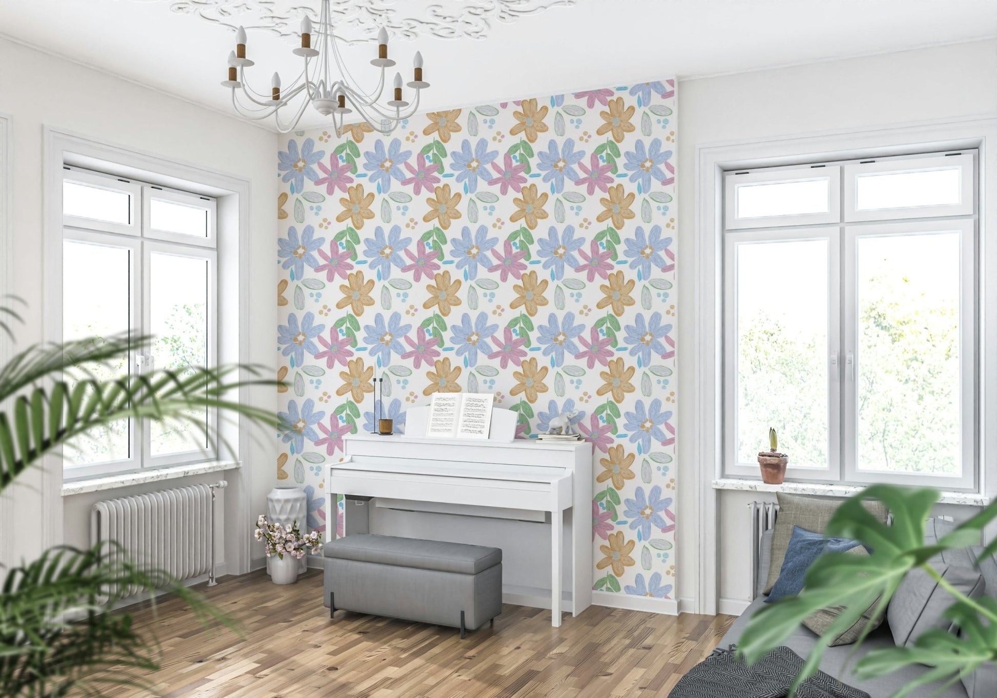 A calming floral design wallpaper mural that defines a space.