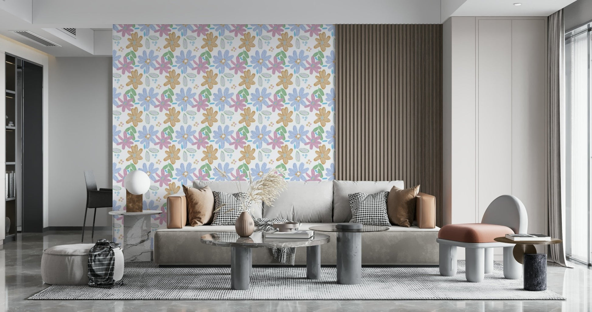 An artistic delicate bloom mural on whimsical wallpaper.