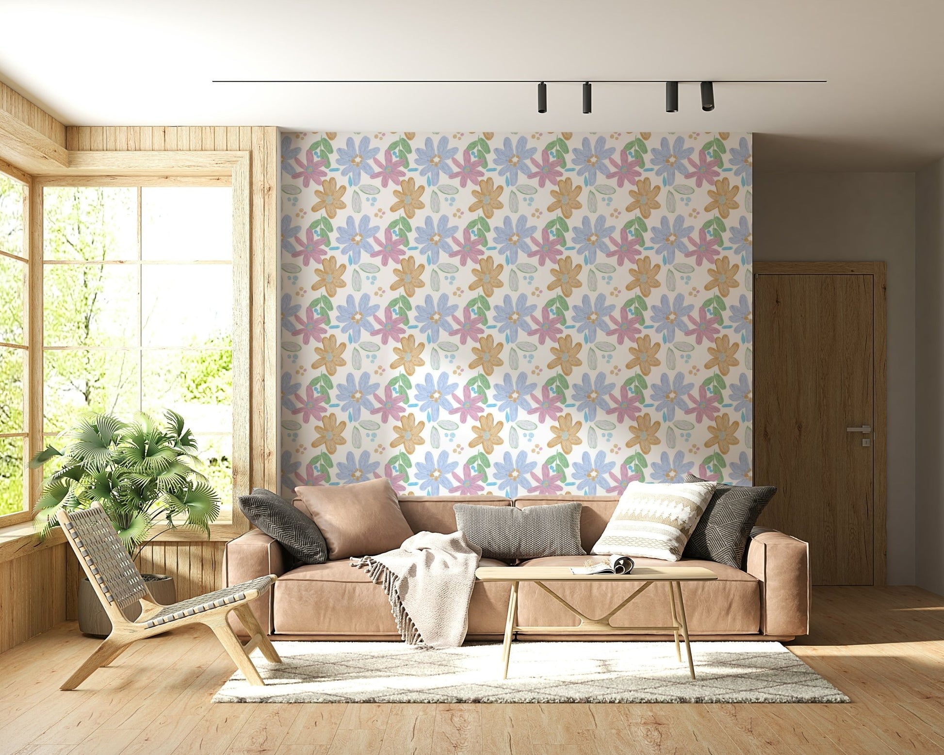 A serene subtle flower wall mural with visible paint texture.