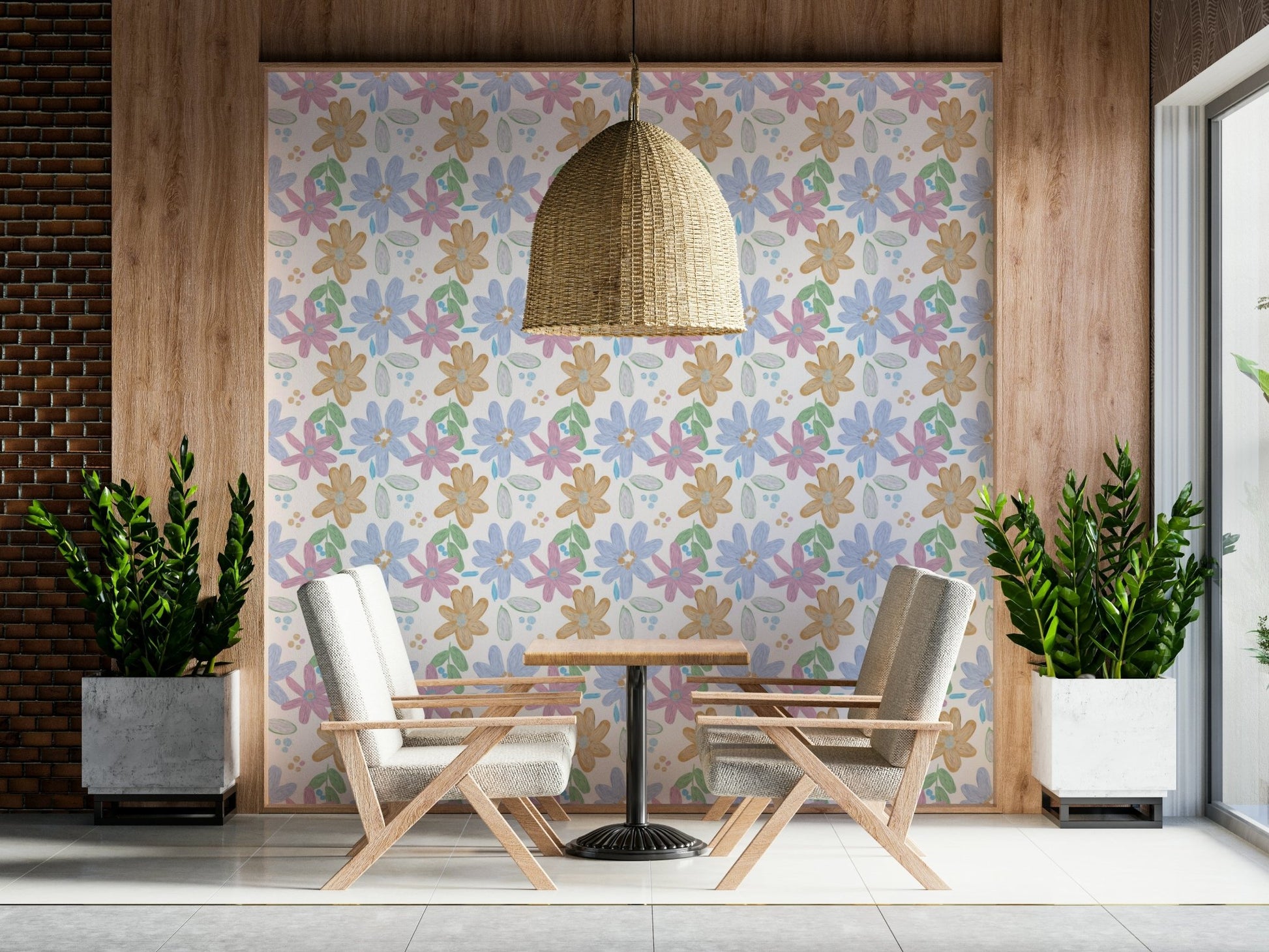 A peaceful painterly floral mural on decorative wallpaper.