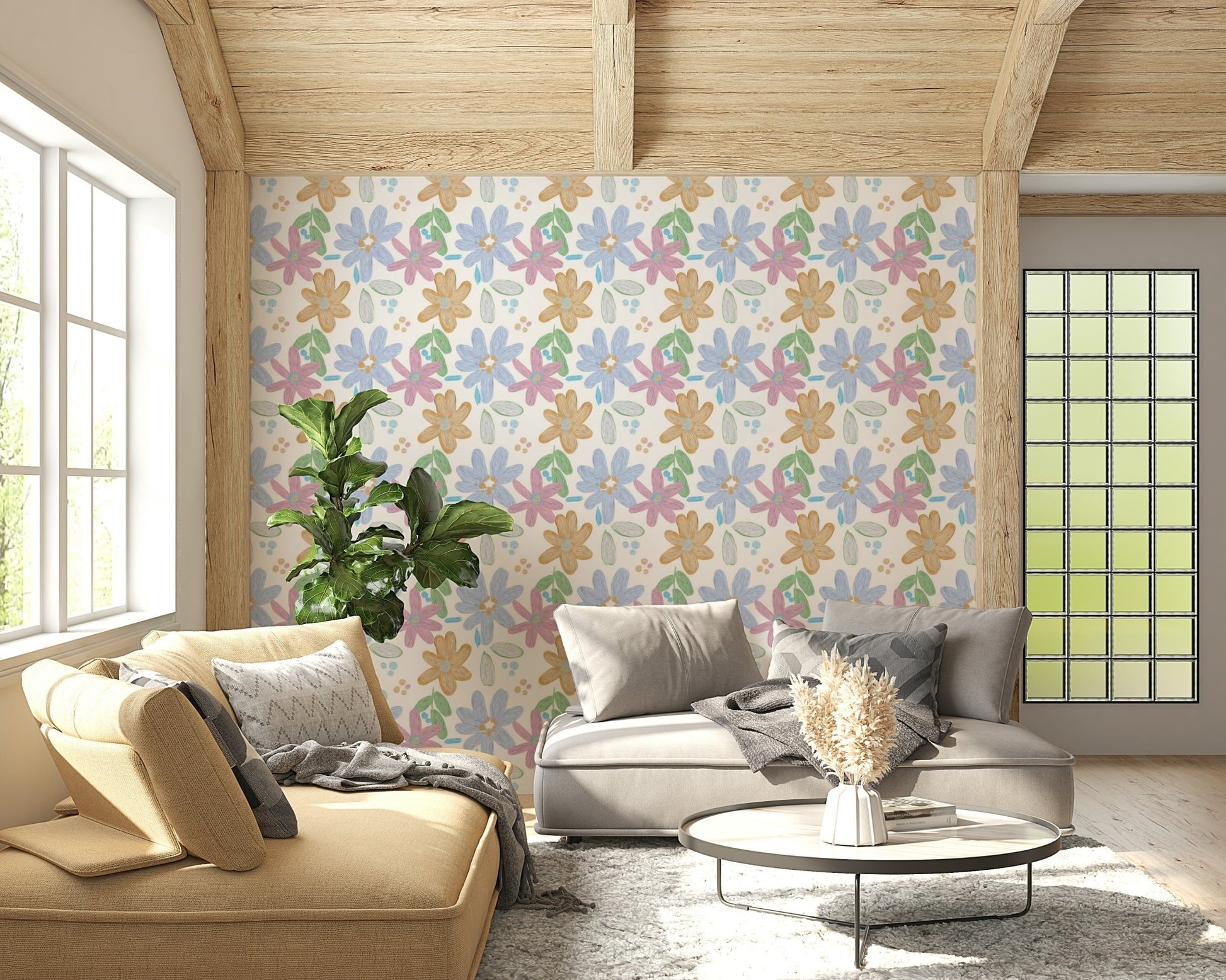 A graceful subtle flower wall mural in soft, pastel tones.