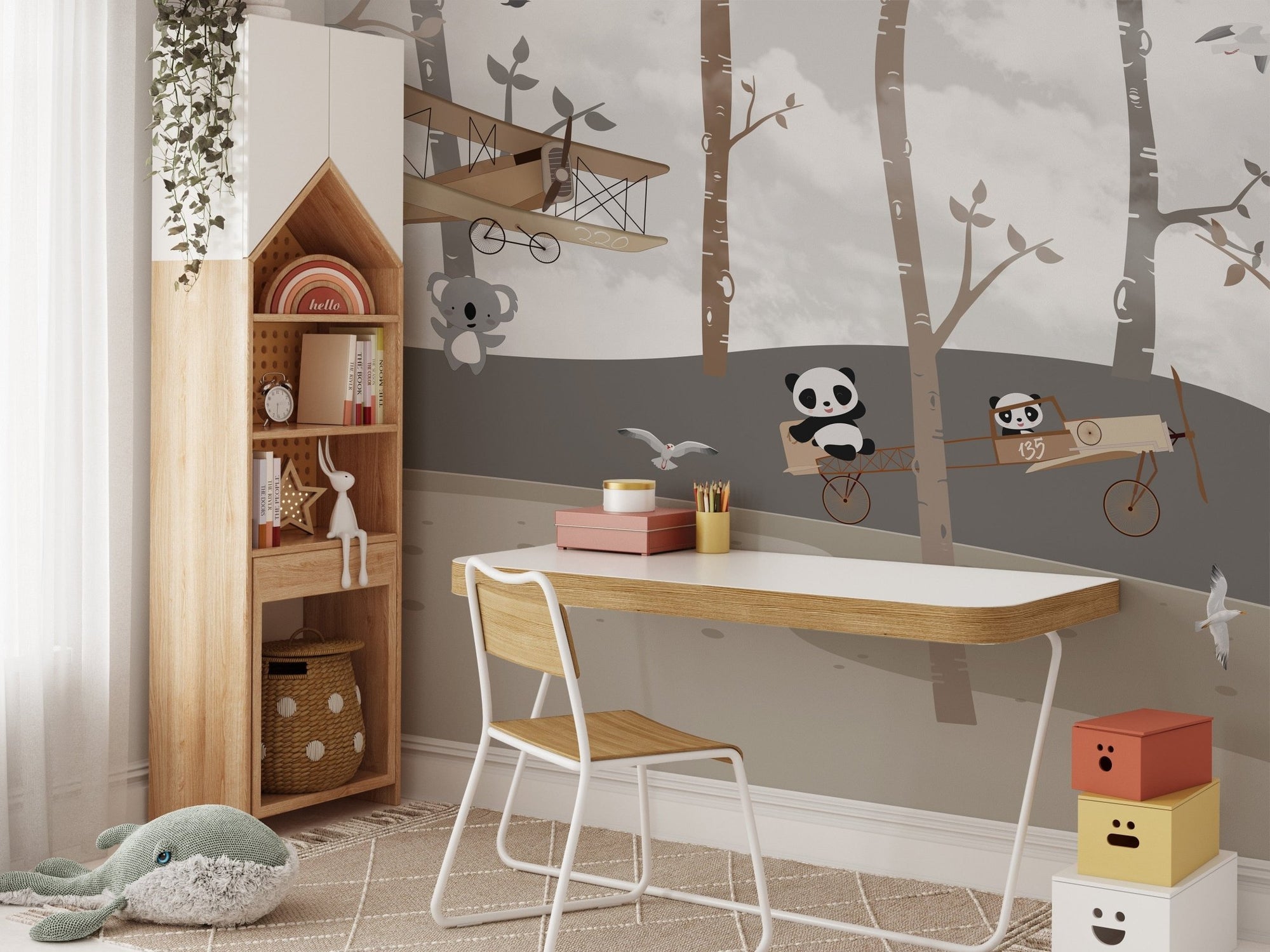 Flying animals in a forest-themed mural, A901