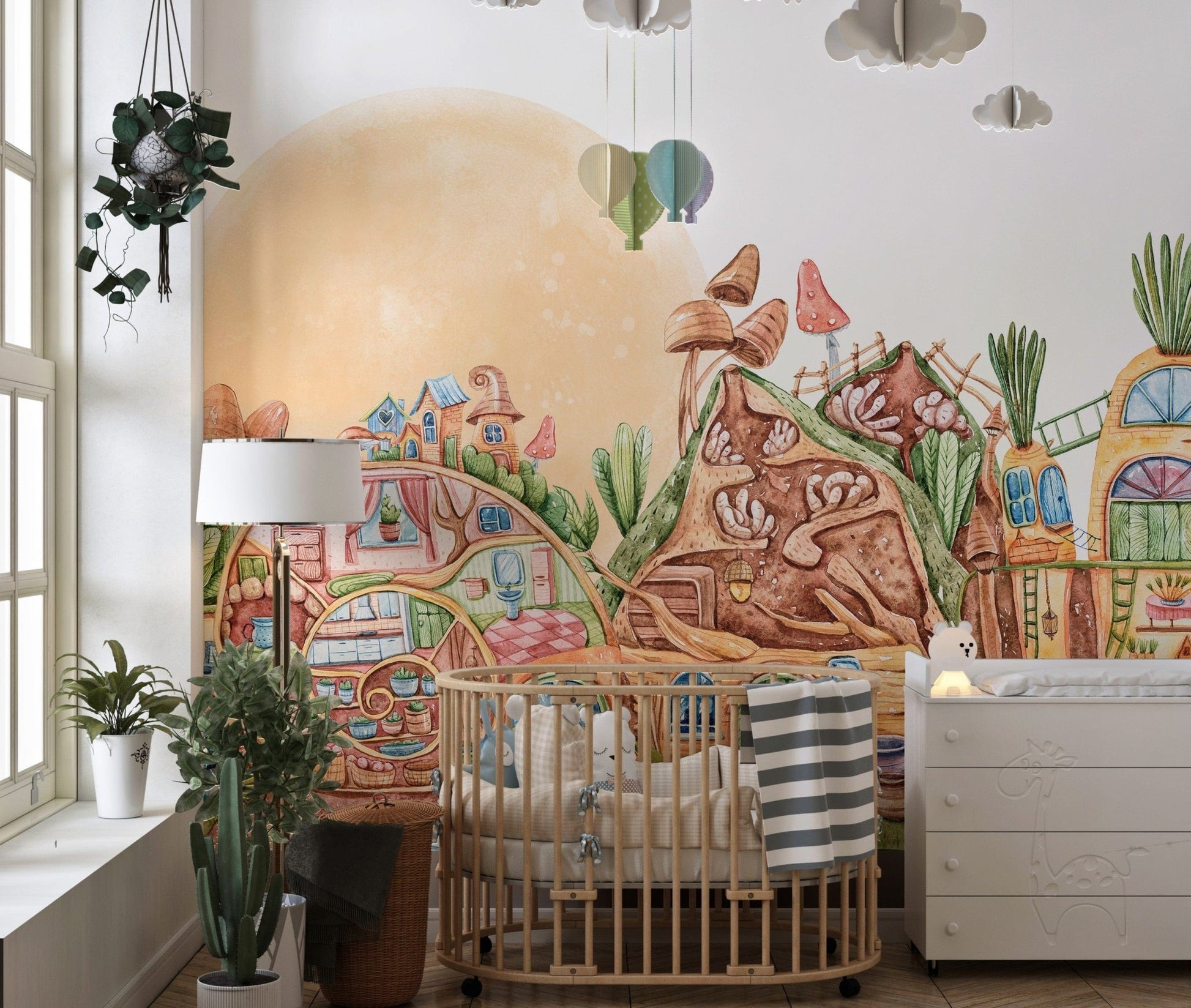 Whimsical town-themed mural for children A206
