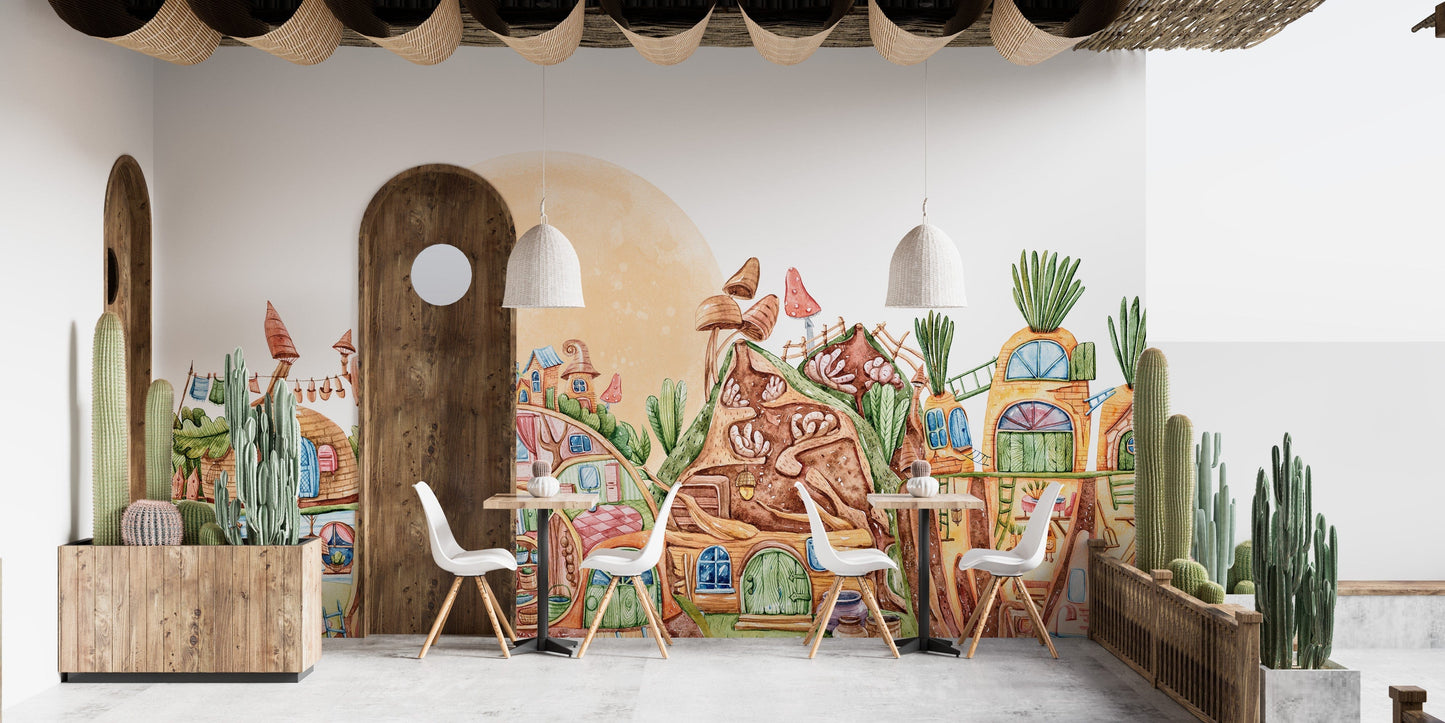 Lively town mural with colorful charm
