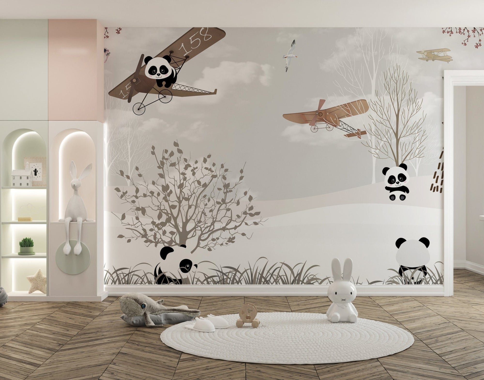 Kids mural with frolicking panda fun A904