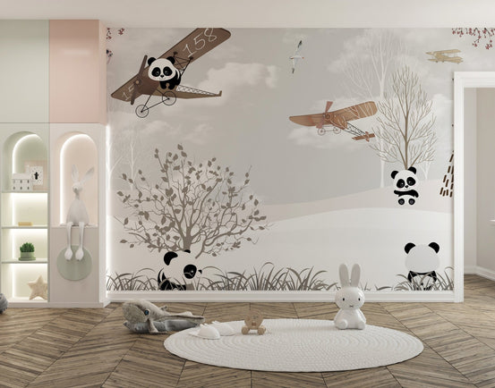 Kids mural with frolicking panda fun A904