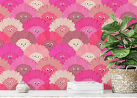Playful flower faces wallpaper in pink for a delightful touch. RNM24
