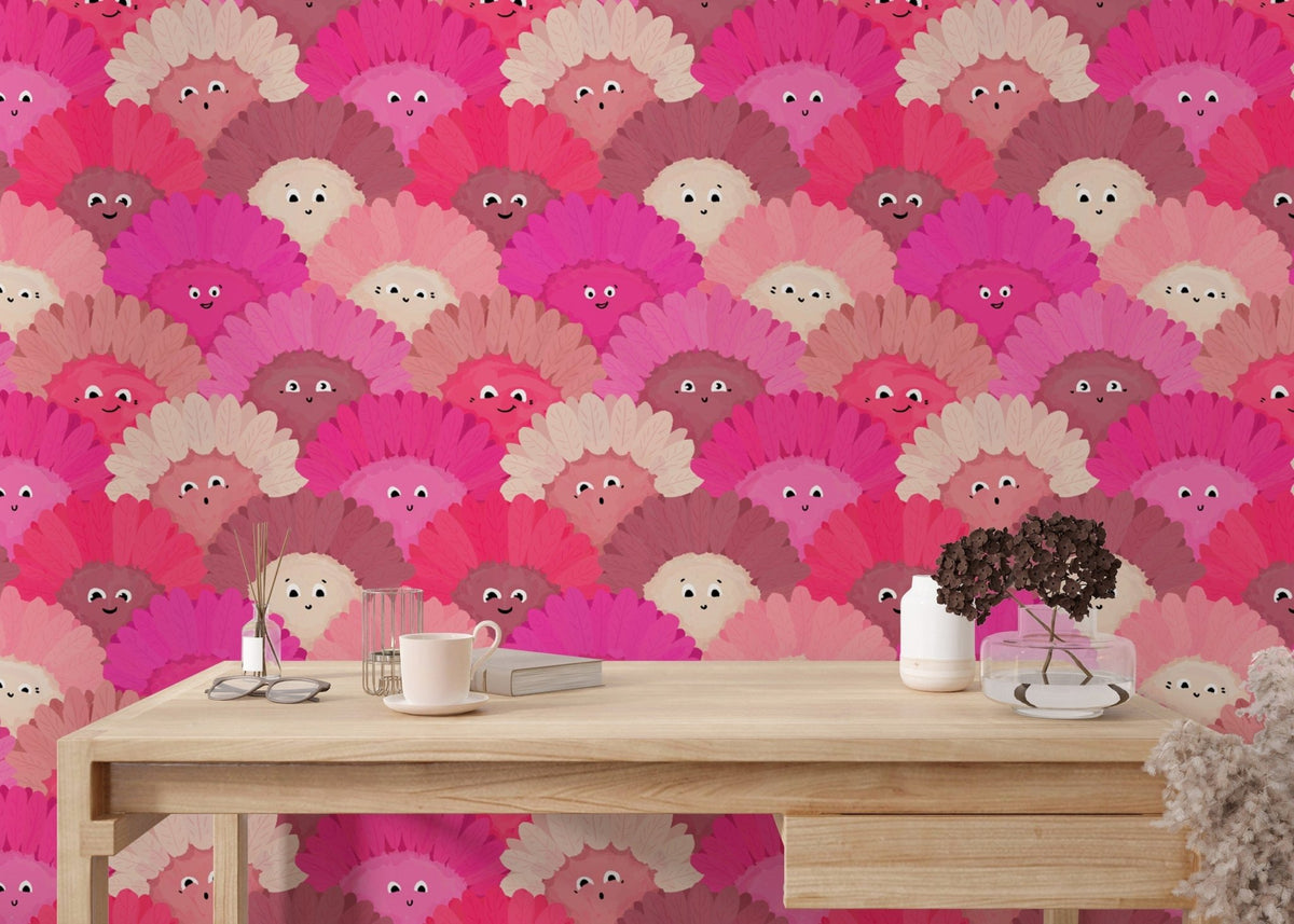 Cute pink flower faces mural wallpaper for a lively, happy vibe RNM24

