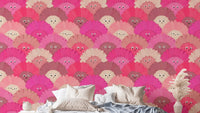 Adorable cute pink flower faces wallpaper for playful interiors. RNM24
