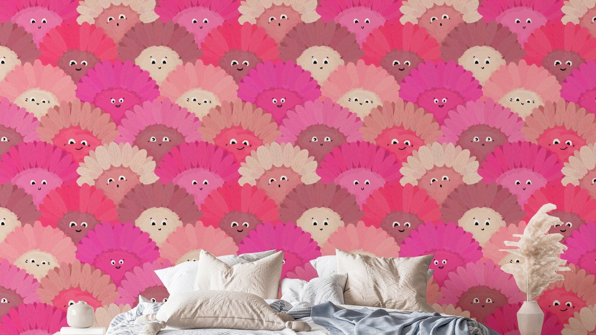 Adorable cute pink flower faces wallpaper for playful interiors. RNM24
