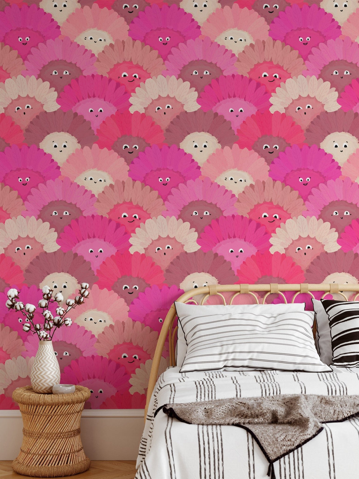 Charming pink flower faces wallpaper for kids' rooms or nurseries. RNM24
