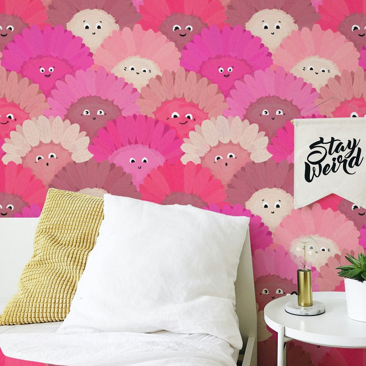 Whimsical pink flower faces mural for a cheerful wall accent. RNM24
