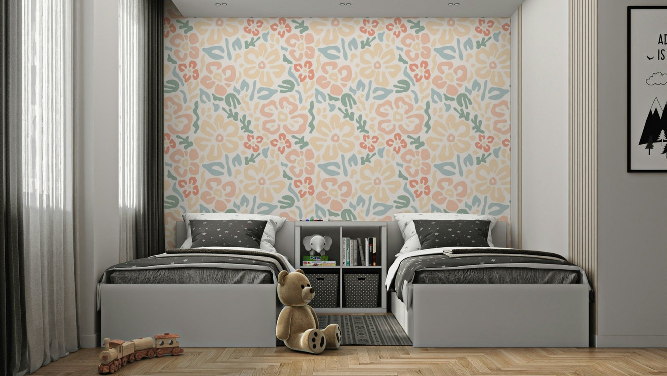 An angled shot of a wall with cheerful wallpaper

