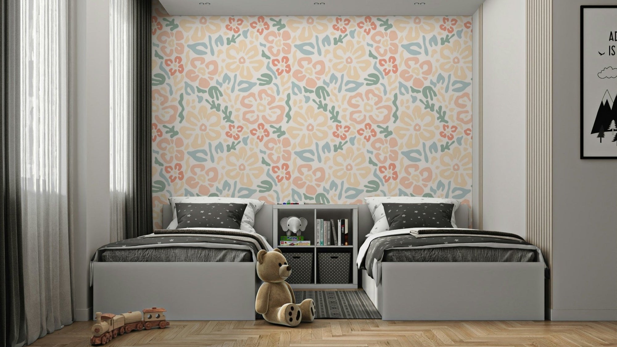 An angled shot of a wall with cheerful wallpaper, GD4477