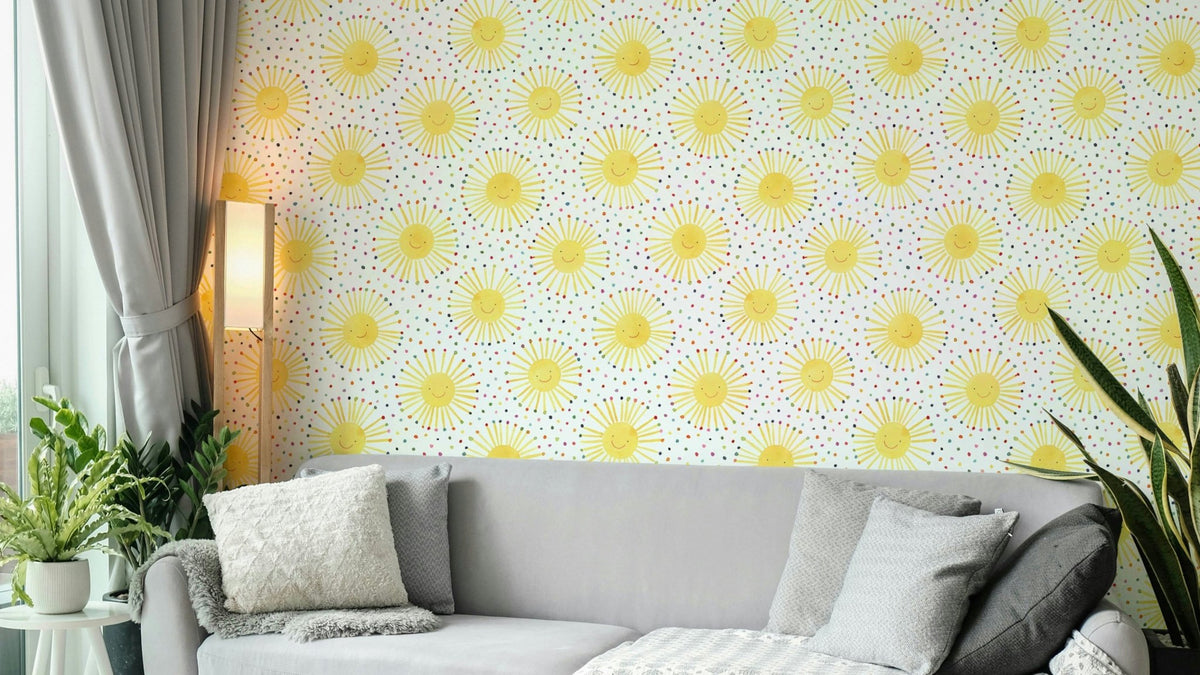 Cheerful sun faces wall mural in nursery, GD974