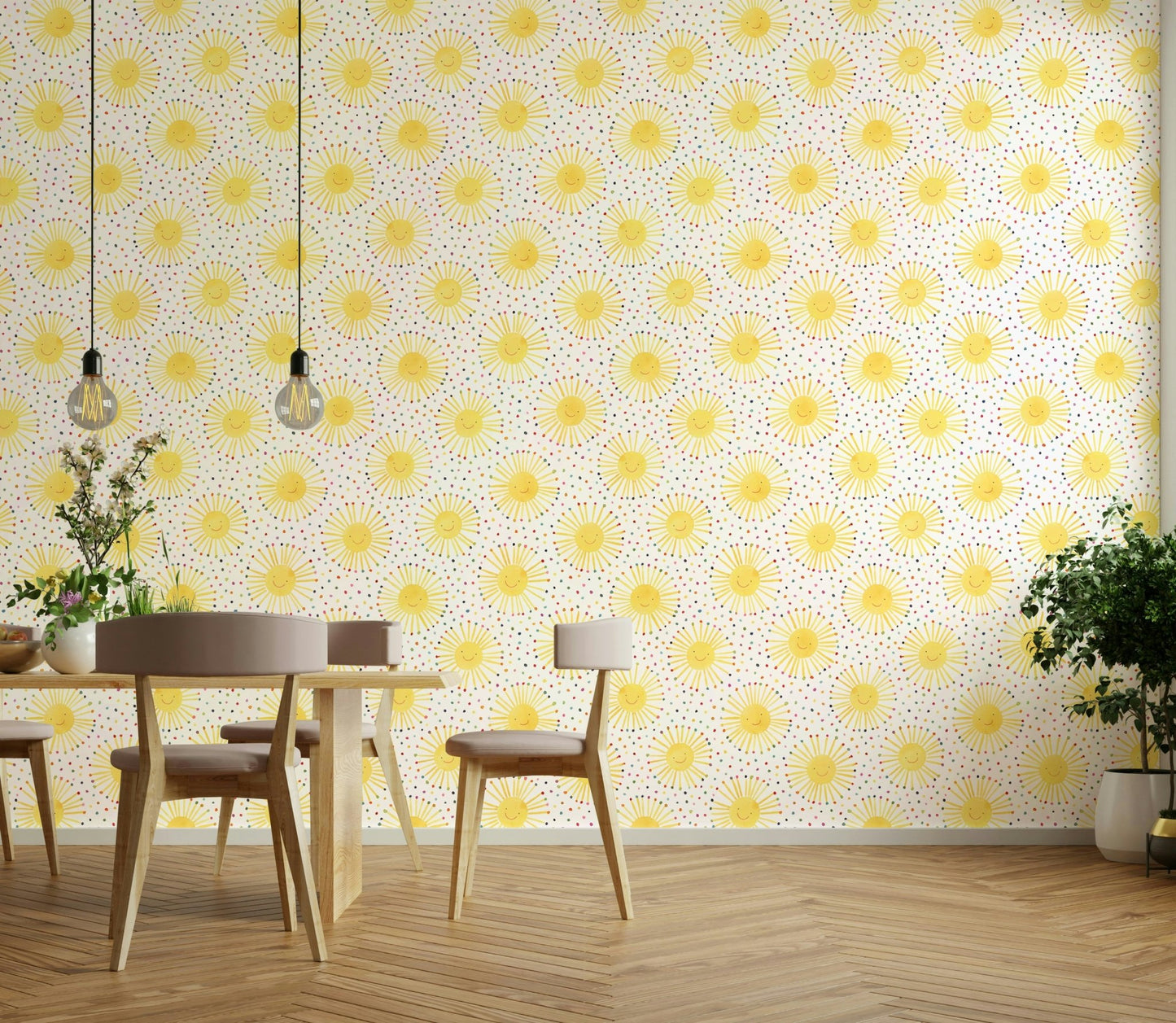 Nursery room with cute suns wallpaper mural

