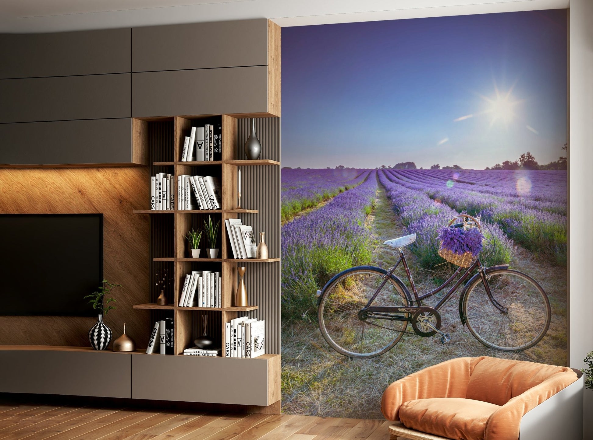 Scenic bike ride in lavender fields mural art

