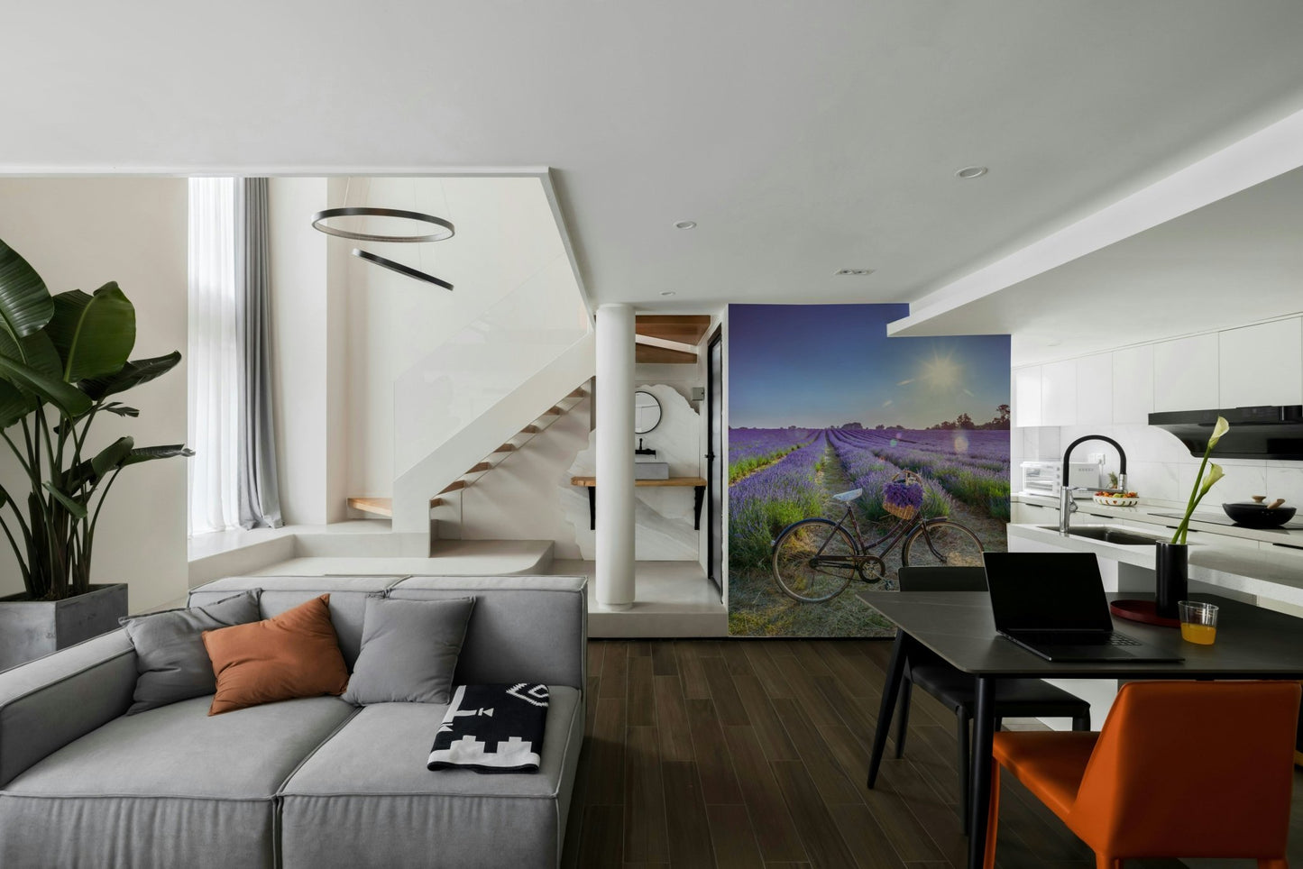 Bicycle wall mural in calming lavender field

