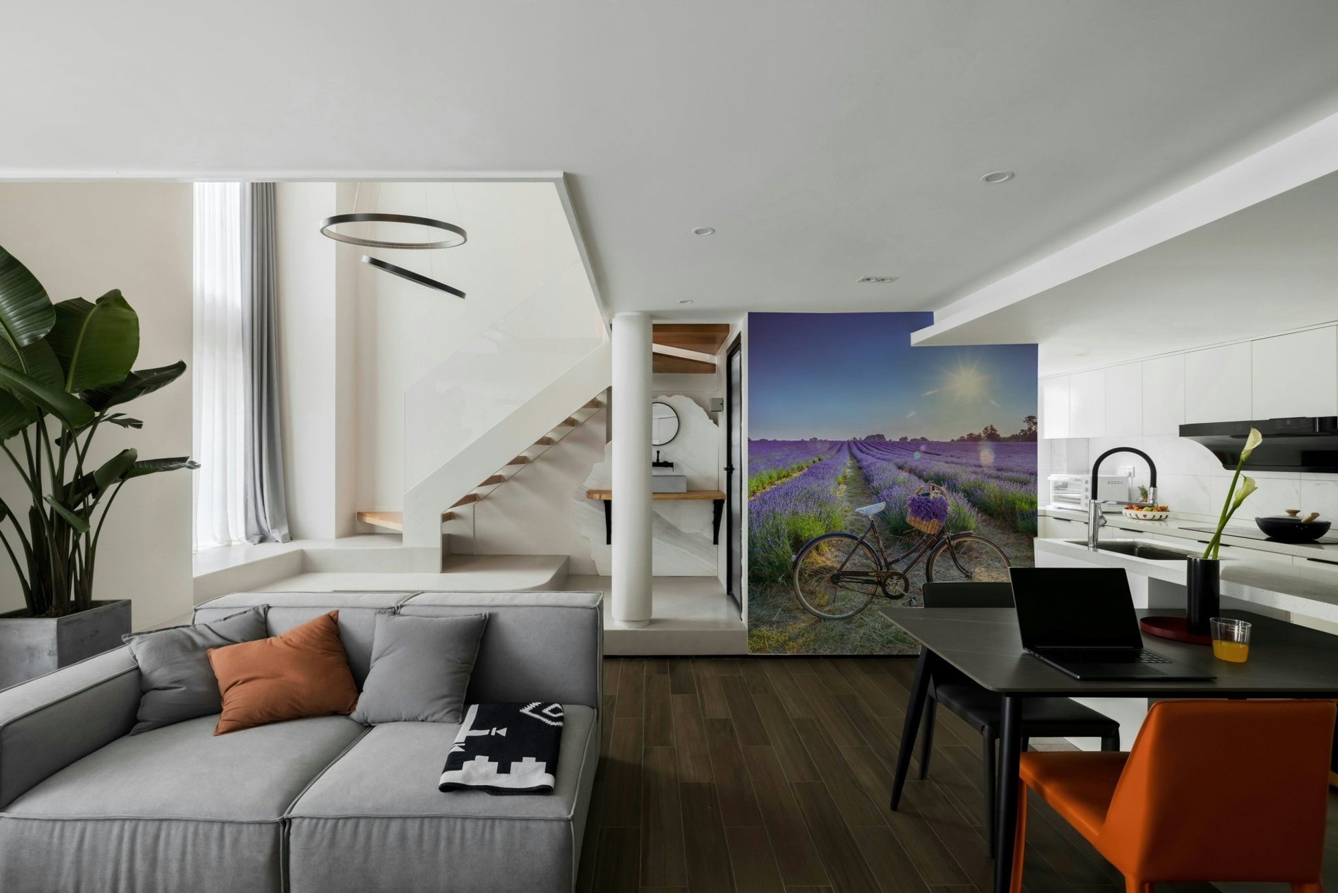 Bicycle wall mural in calming lavender field

