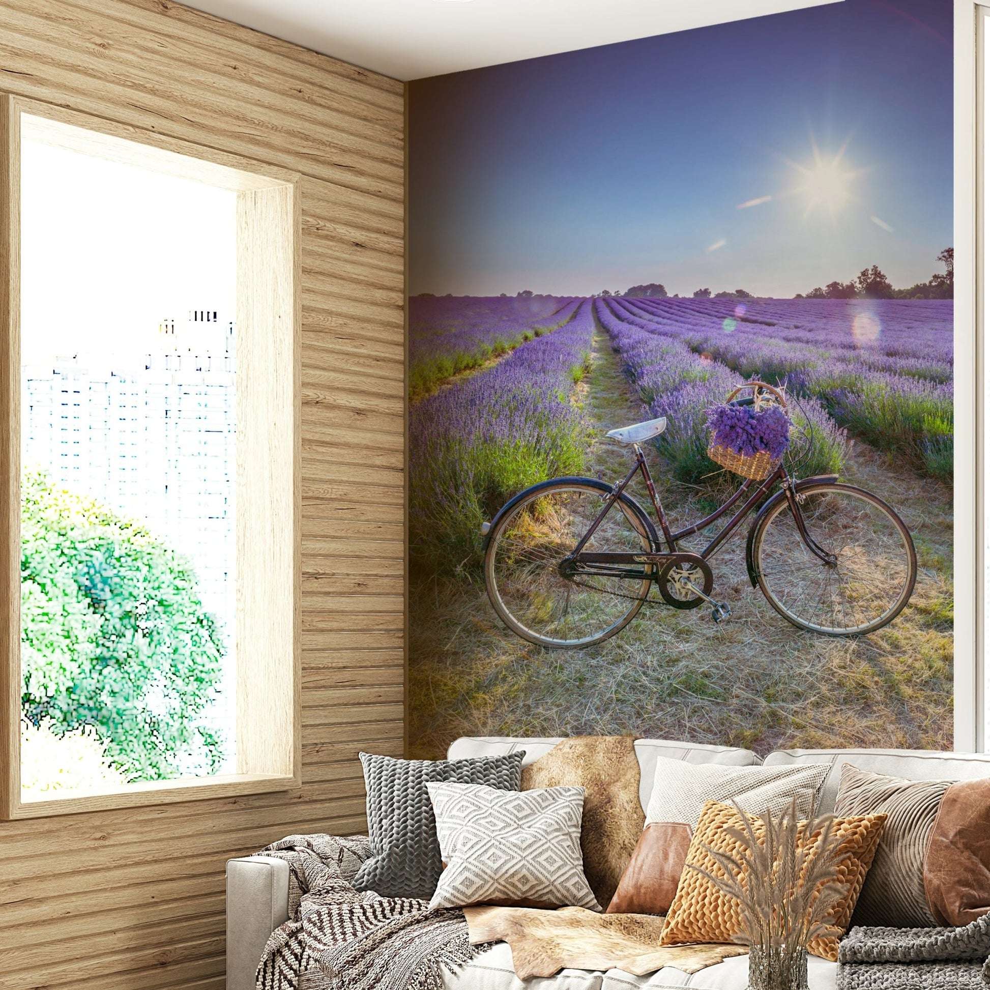 Lavender field mural with bicycle design

