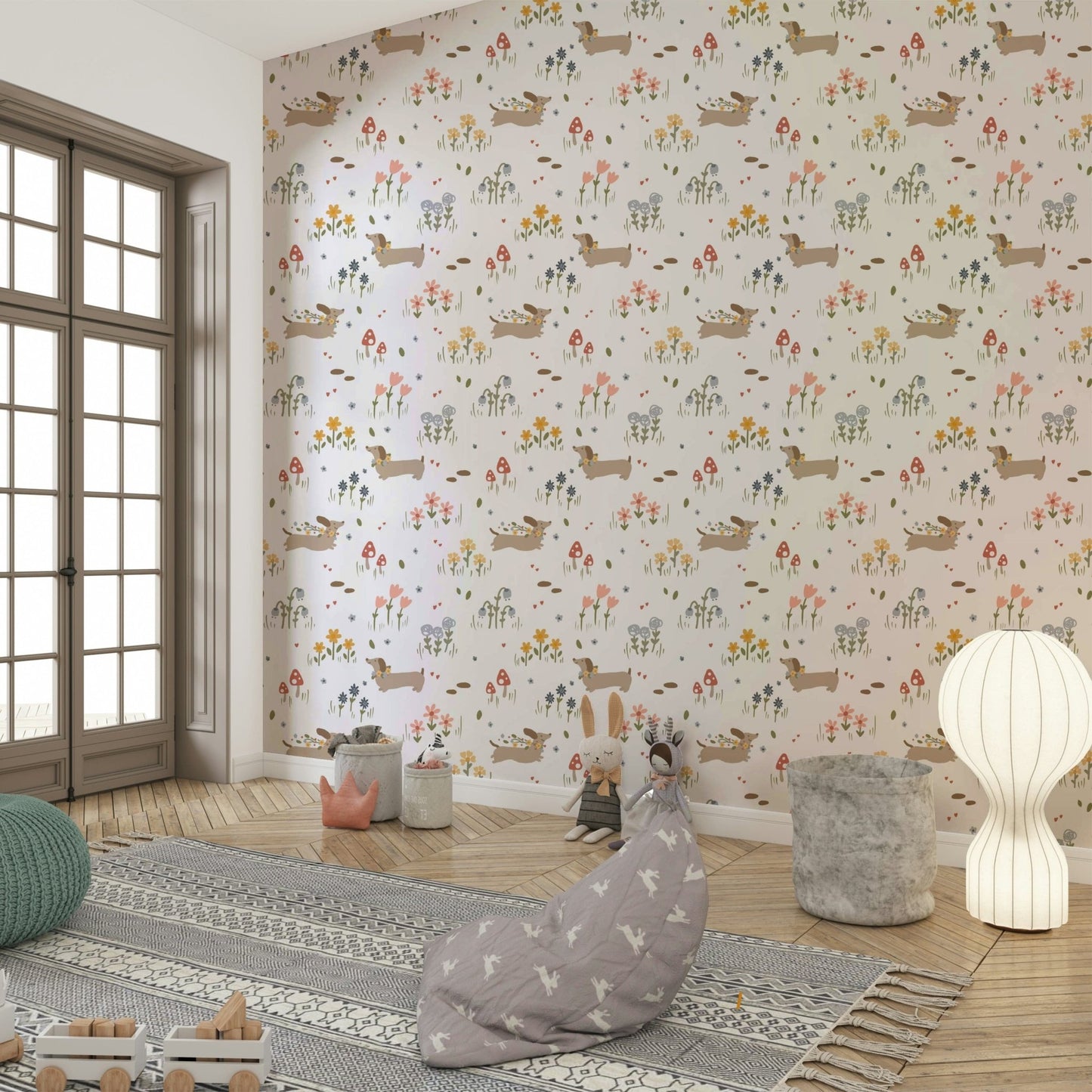 Floral dog print wall mural

