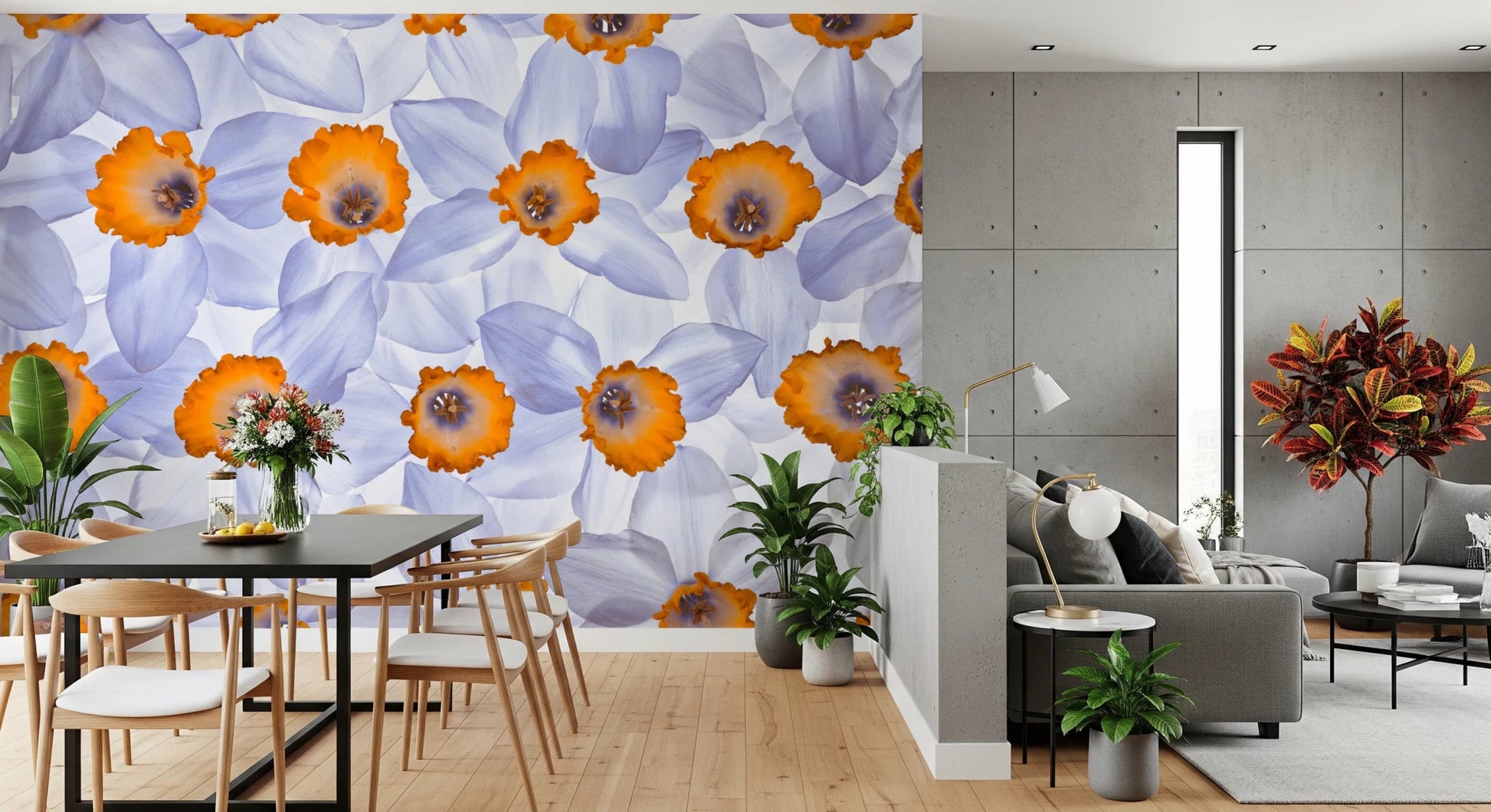 Dining space decorated with Daffodil Dreams Wall Mural and soft floral spread