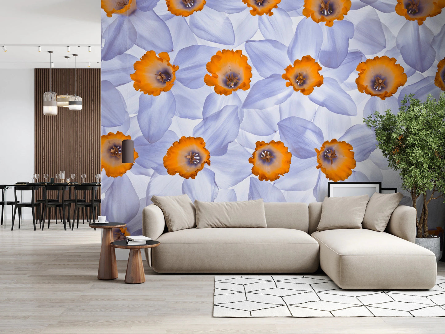 Open living area using Daffodil Dreams Wall Mural for a vibrant botanical backdrop