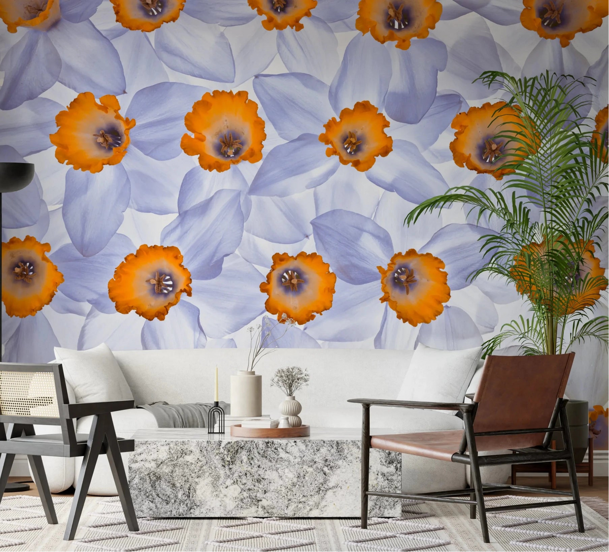 Living room styled with Daffodil Dreams Wall Mural and bold orange floral accents, GD8240