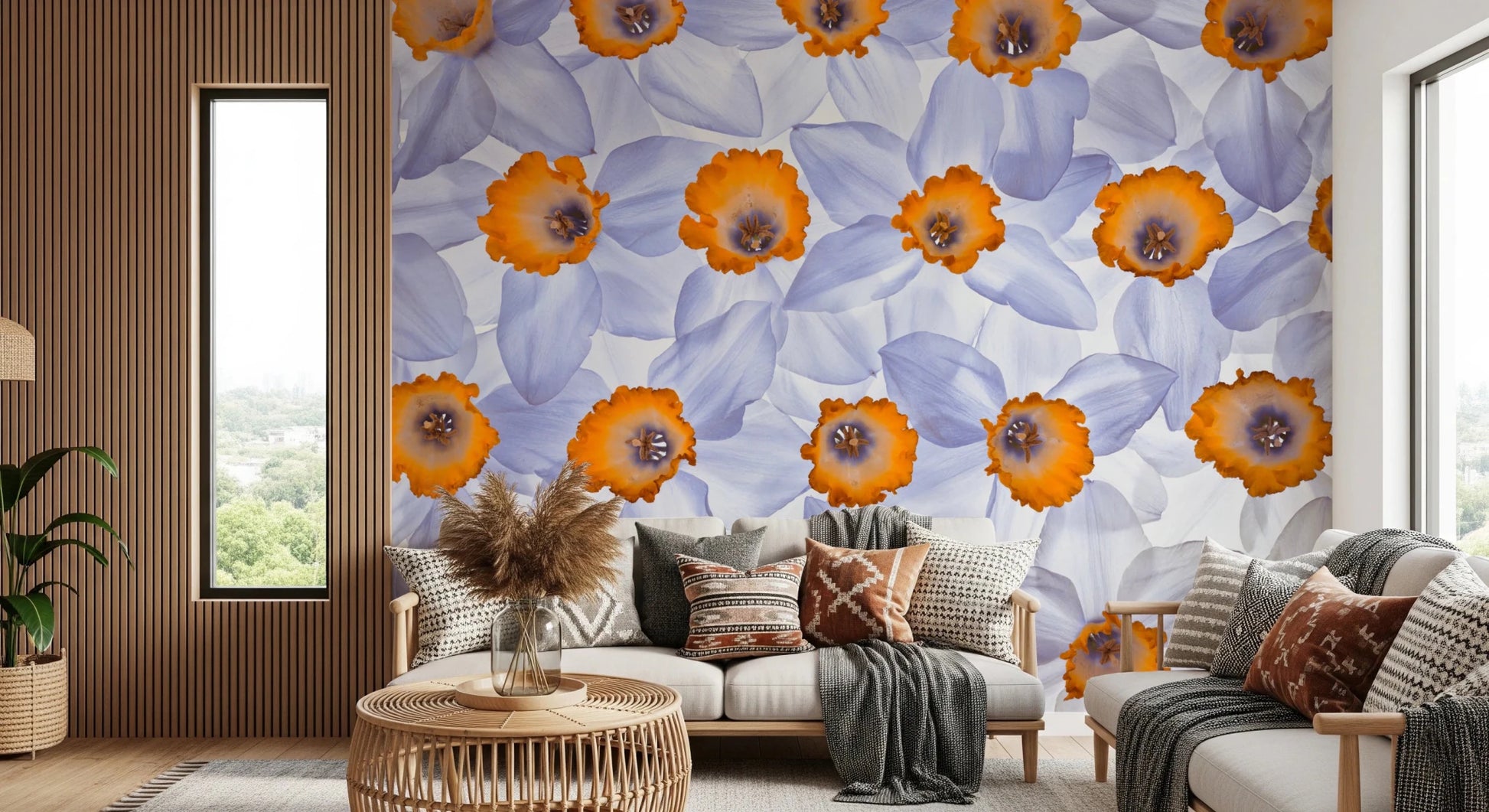 Relaxed seating area styled with Daffodil Dreams Wall Mural and bright blooms