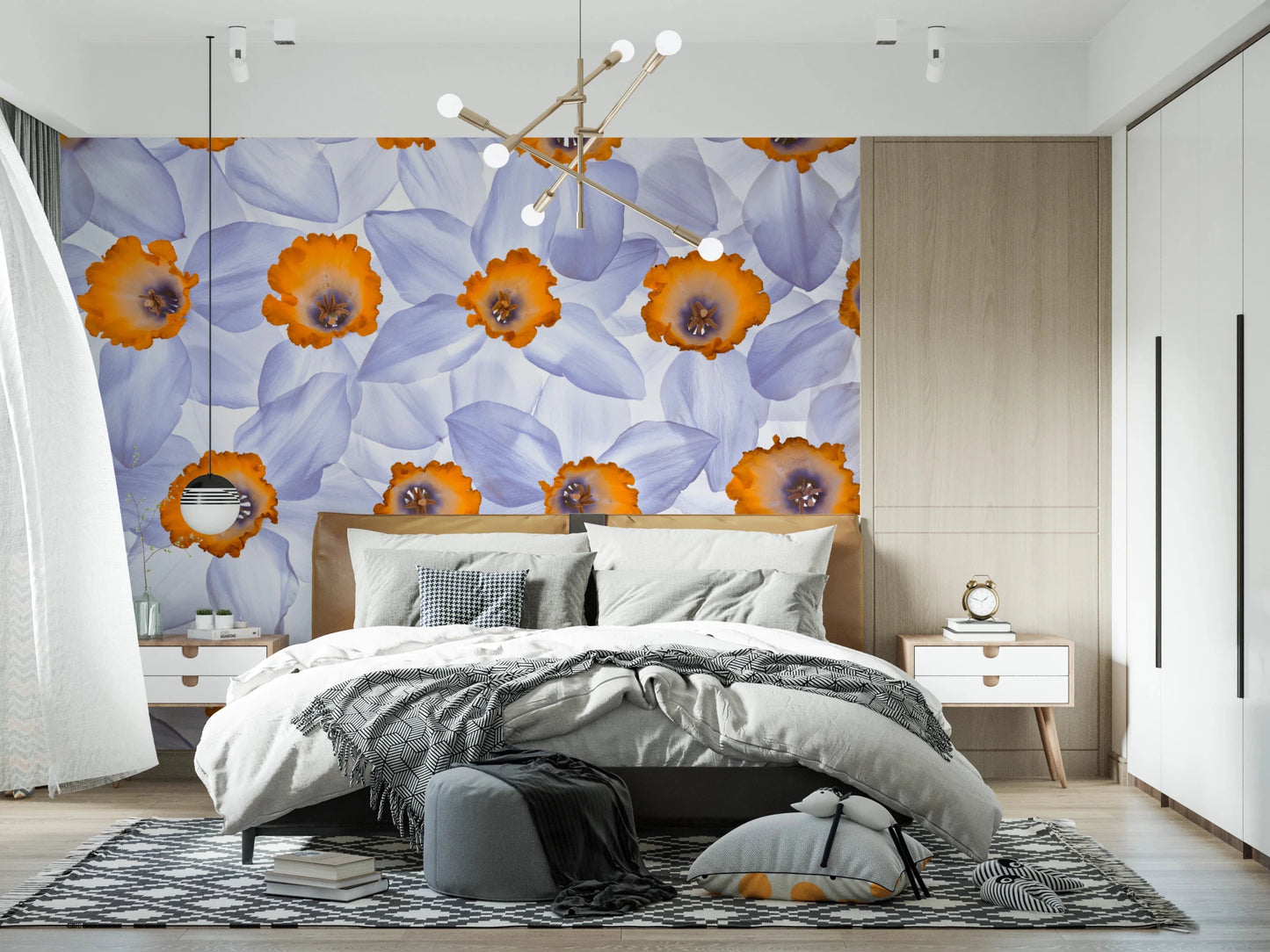 Modern bedroom with Daffodil Dreams Wall Mural behind bed in bright floral tones