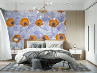 Modern bedroom with Daffodil Dreams Wall Mural behind bed in bright floral tones