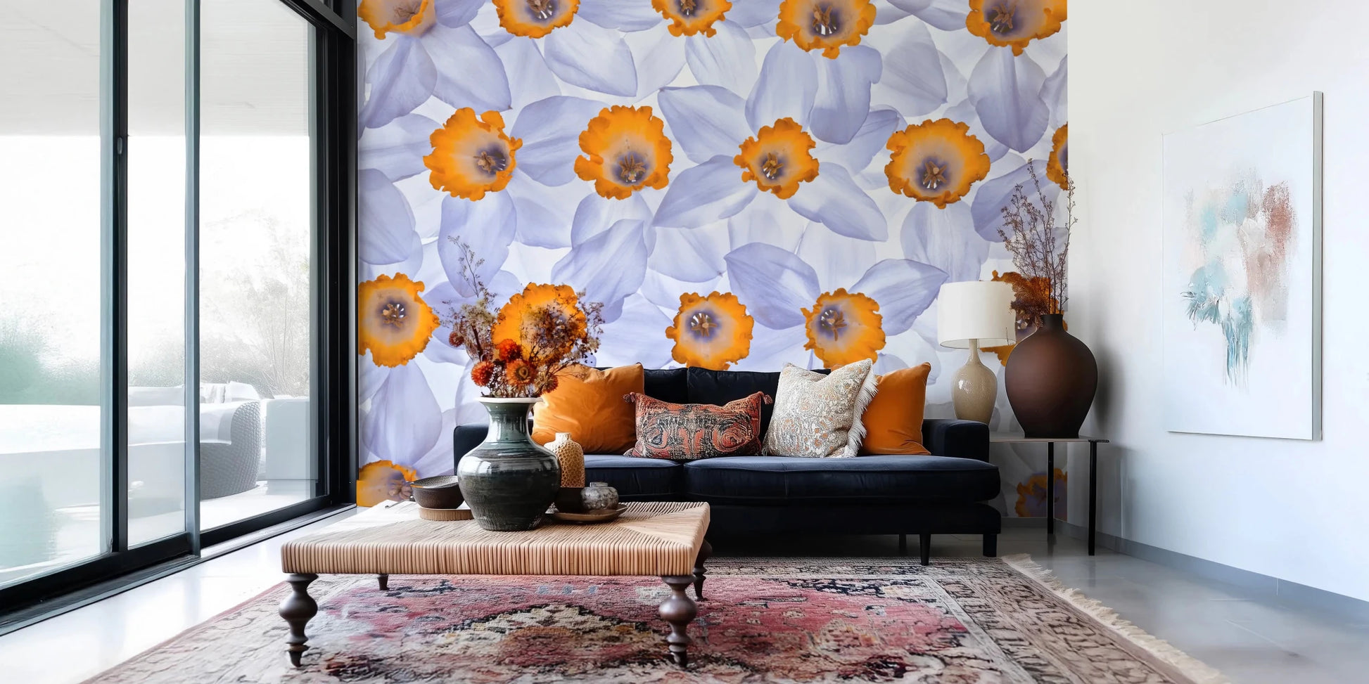 Contemporary living room with Daffodil Dreams Wall Mural adding floral depth