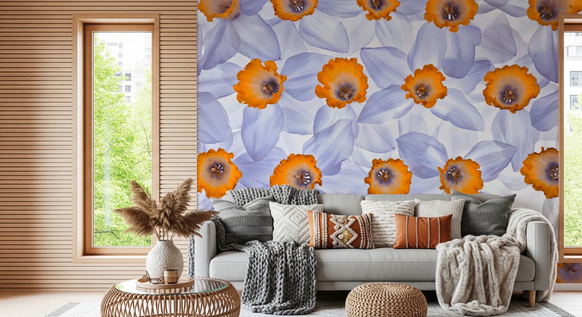 Cozy Living corner paired with Daffodil Dreams Wall Mural and warm flower detail