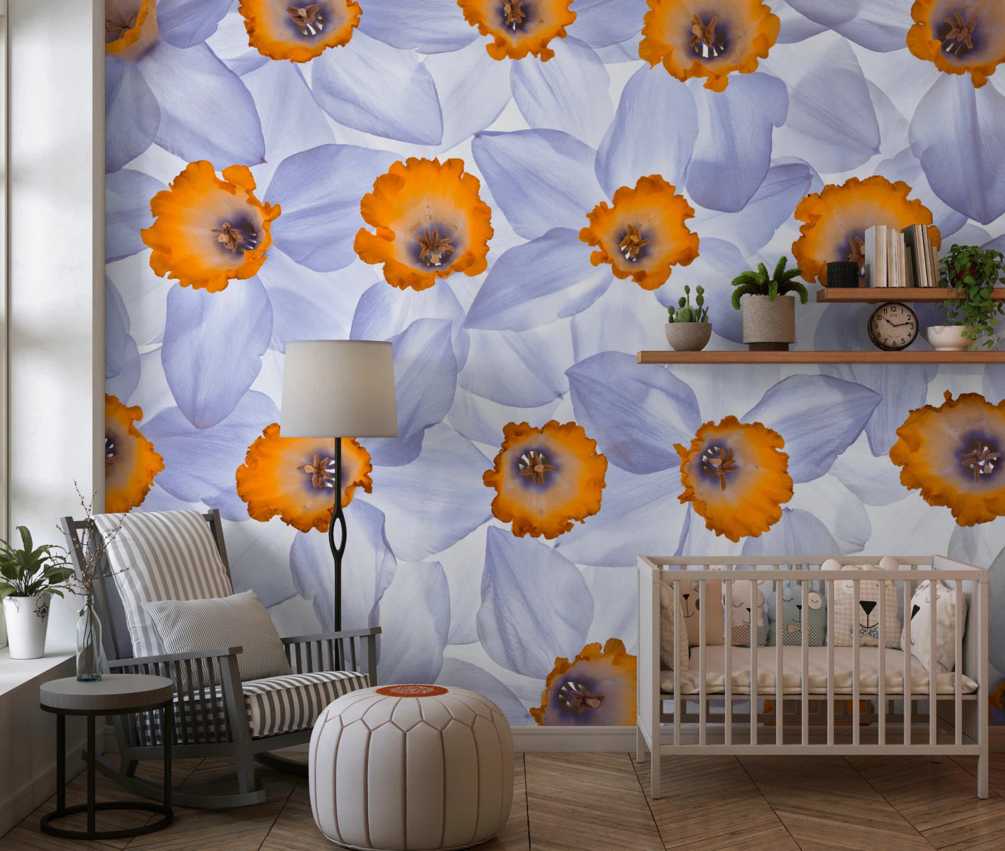 Nursery room featuring Daffodil Dreams Wall Mural with soft repeating bloom pattern