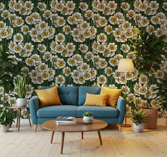 Cream daffodils crowd a living room behind Daffodils wallpaper in deep green.GD9573