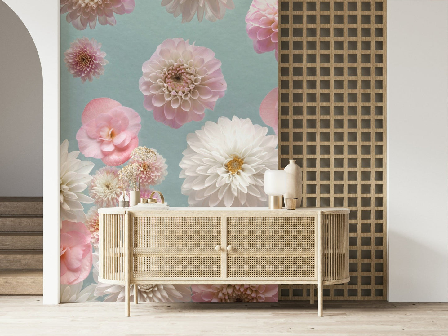 Dreamy petals wallpaper for walls, pastel shades, light and airy feel.